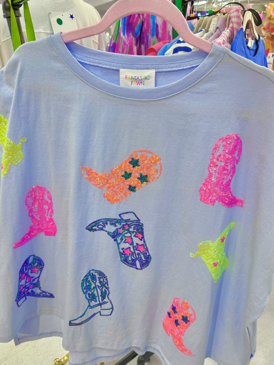 Neon Cowgirl - Light Blue Sequin Boot Short Sleeve Top *PREORDER*