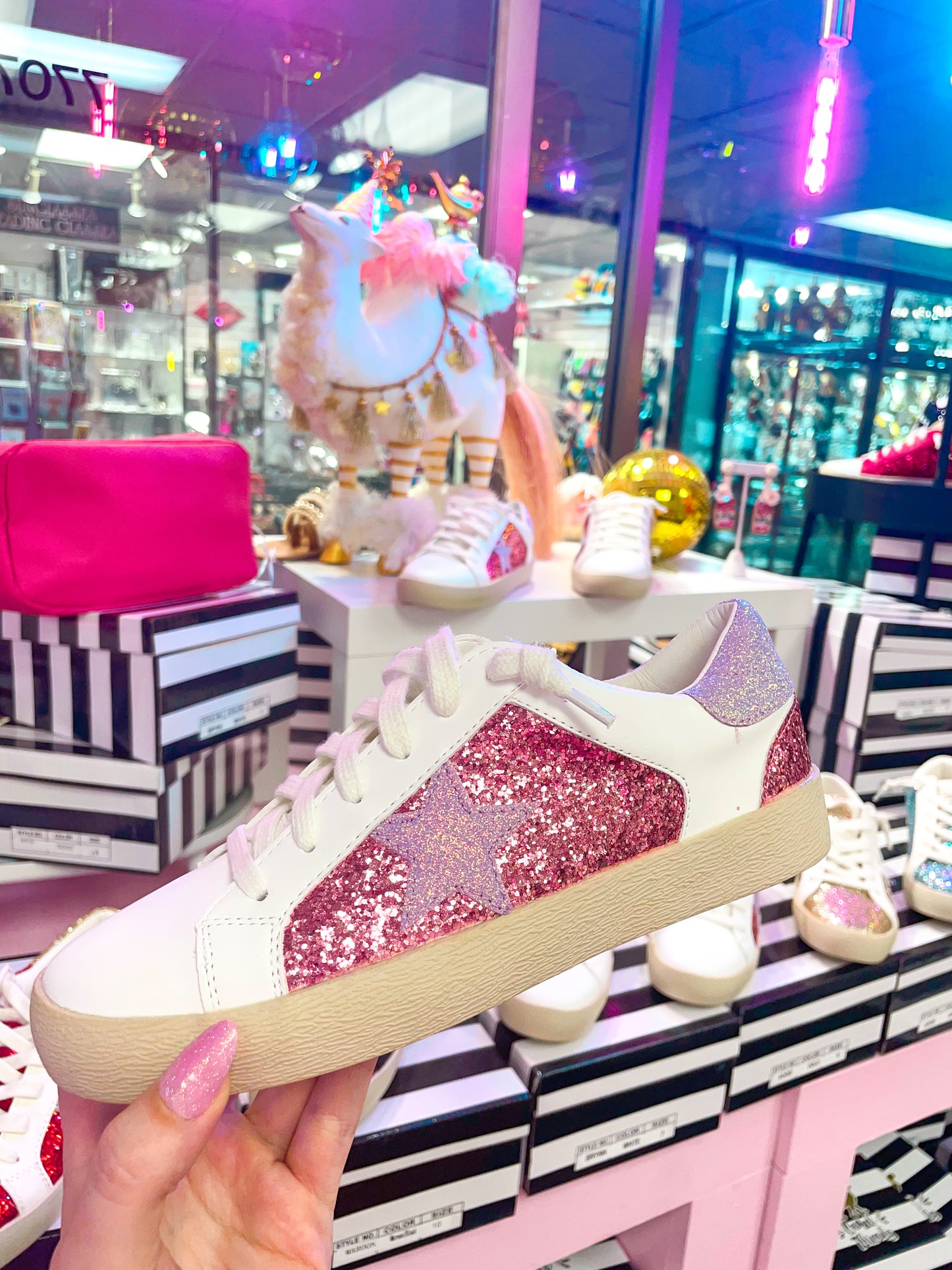 Pink Glitter Sequin Star Tennis Shoes - Women's Sneakers