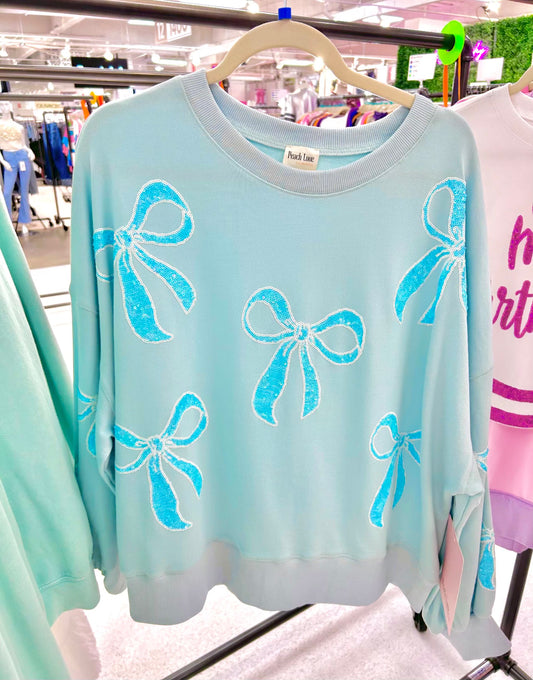 PEACH LOVE Turquoise Sequin Bow Sweatshirt