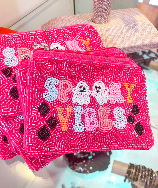 Spooky Vibes - Halloween Pink Beaded Pouch