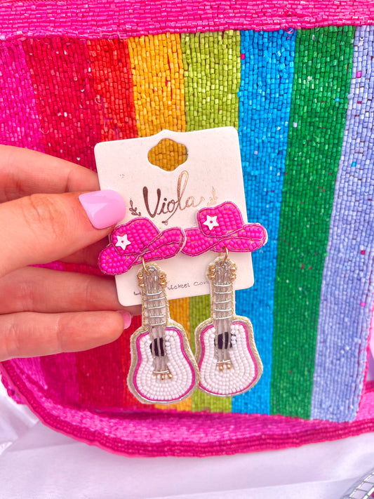 Nashville Nights - Pink Guitar Cowgirl Hat Earrings