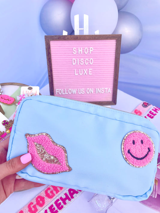 Lips + Smiles - Patched Chenille Light Blue Pouch
