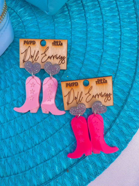 Hearts and Boots - Pink Cowgirl Acrylic Earrings