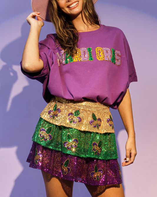 Mardi Gras! - Sequin Chenille Patch Purple T-Shirt
