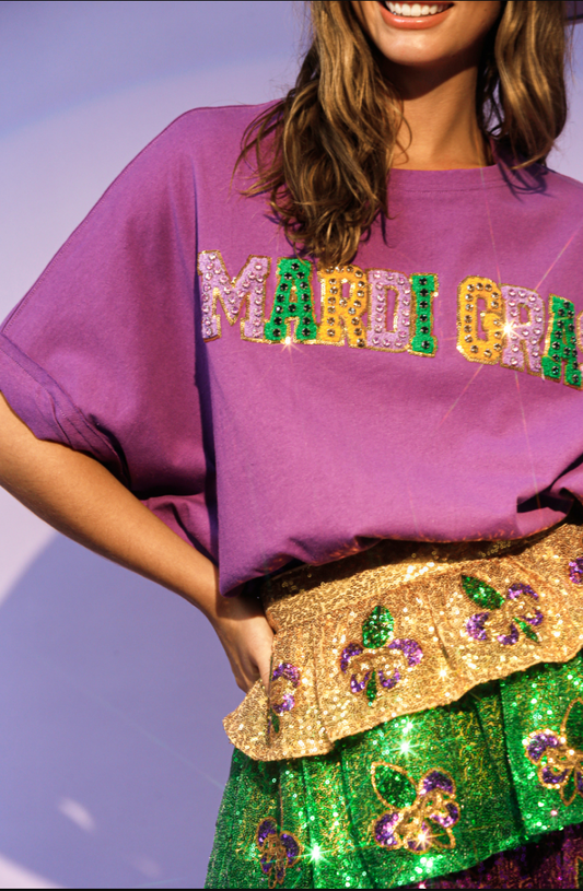 Mardi Gras! - Sequin Chenille Patch Purple T-Shirt