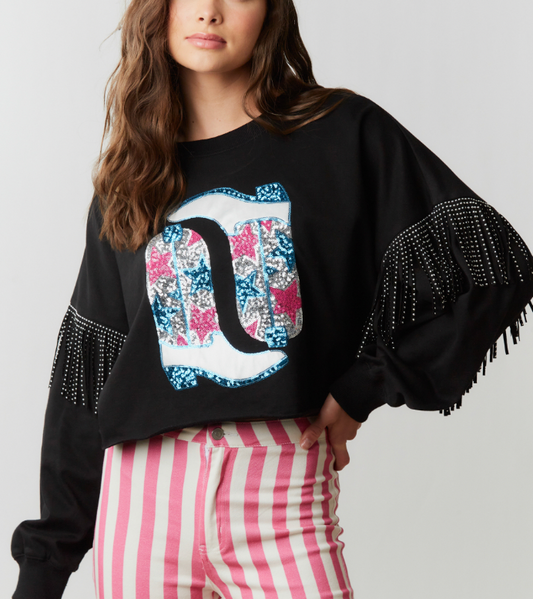 Broadway Glam - Sequin Cowgirl Boot Cropped Sweatshirt