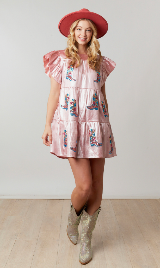 California Cowgirl - Pink Sequin Boot Dress