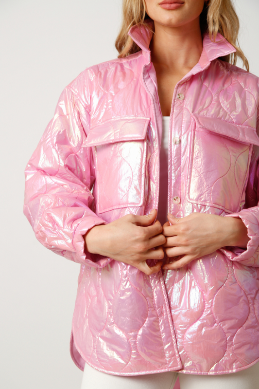 Aprés Ski - Metallic Pink Quilted Shiny Winter Puffer Jacket