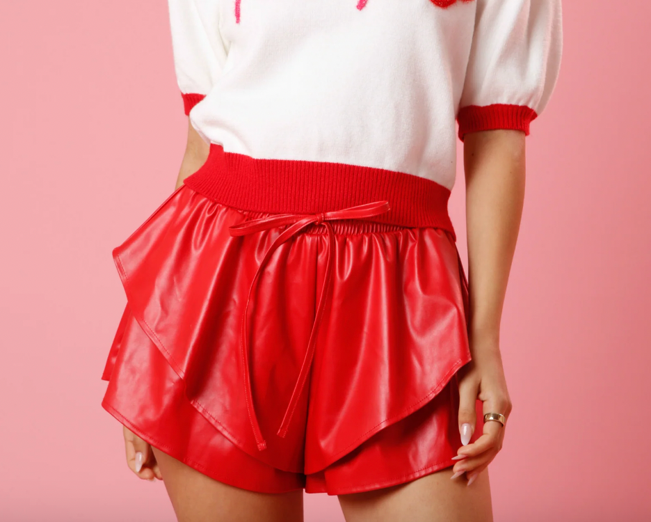 The Archer - High Waisted Red Faux Leather Shorts