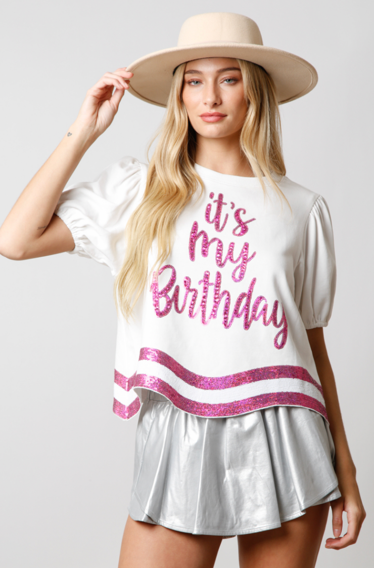 It's MY Birthday - White & Pink Sequin Top