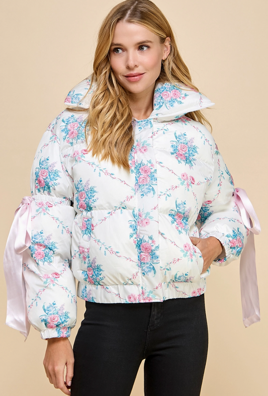 LOVESHACK FLORAL BOW PUFFER COAT - TCEC JACKET